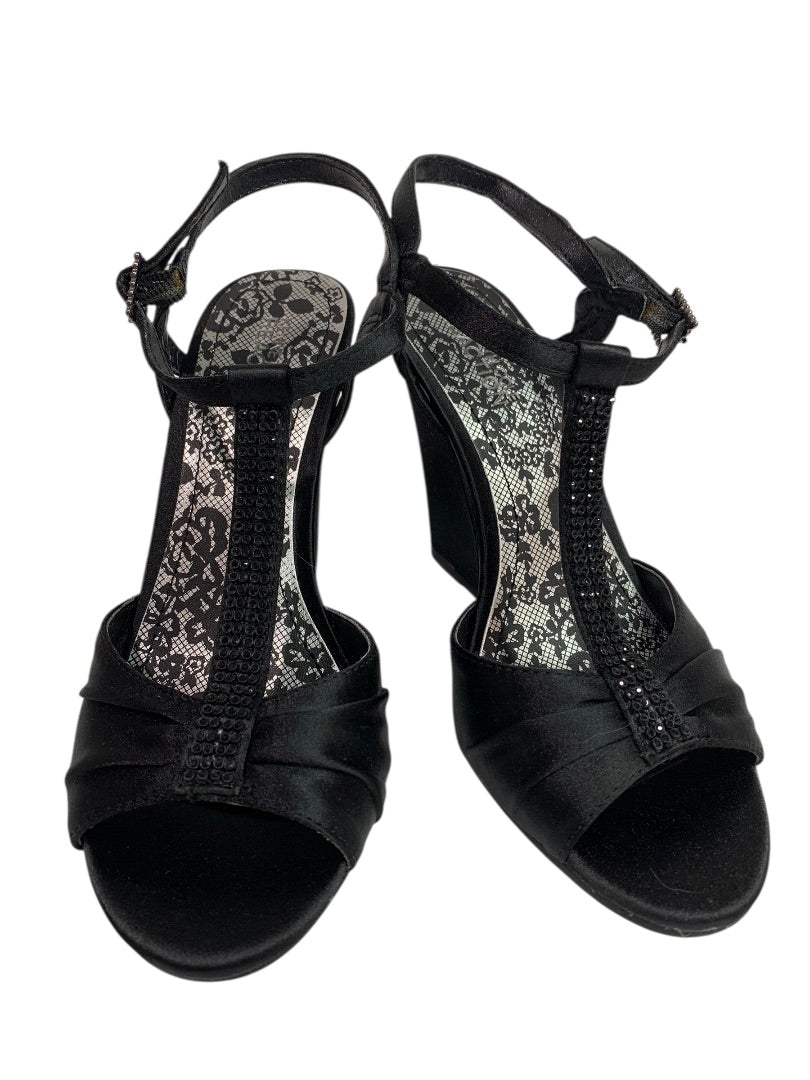 Size 6 Kenneth Cole Reaction Black Satin Embellished 4" Wedge Heel Shoes