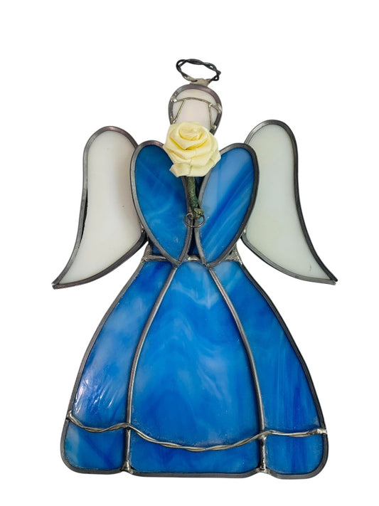 Vintage Stained Glass Angel 6.75 Inch Blue White Hanging
