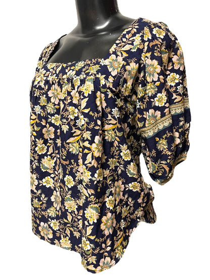 XS Roan + Ryan Square Neck Floral Short Sleeve Womens Shirt Boho