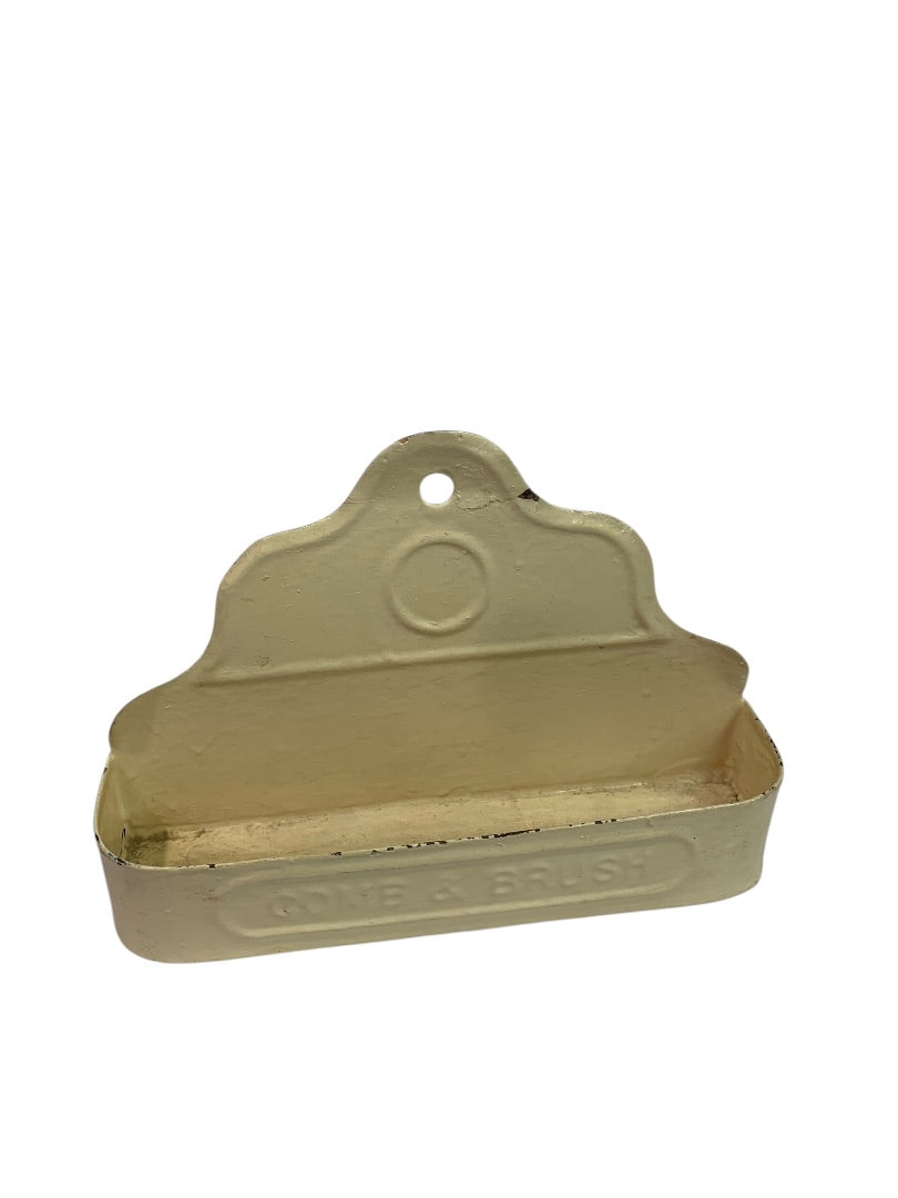Retro Tin Wall Hanging Comb and Brush Shelf Holder Ivory Distressed