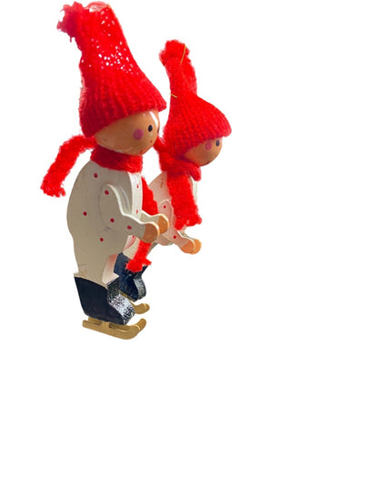 Vintage Wooden Christmas Holiday Ornaments Ice Skaters 3"