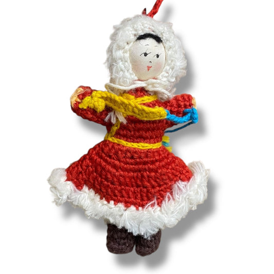 Vintage Amigurumi Japanese Crochet Winter Doll 3.25" Silk Face Red