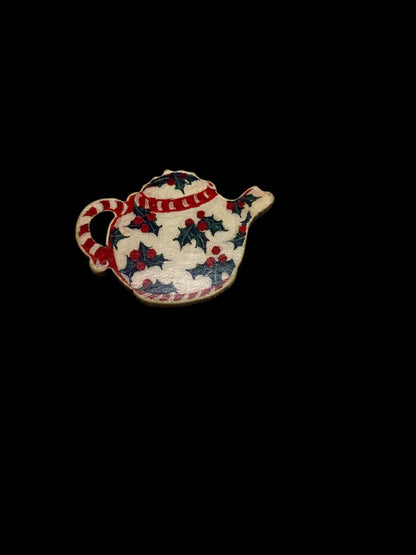 Wooden Teapot Pin Brooch Holiday Holly Christmas 1.75"