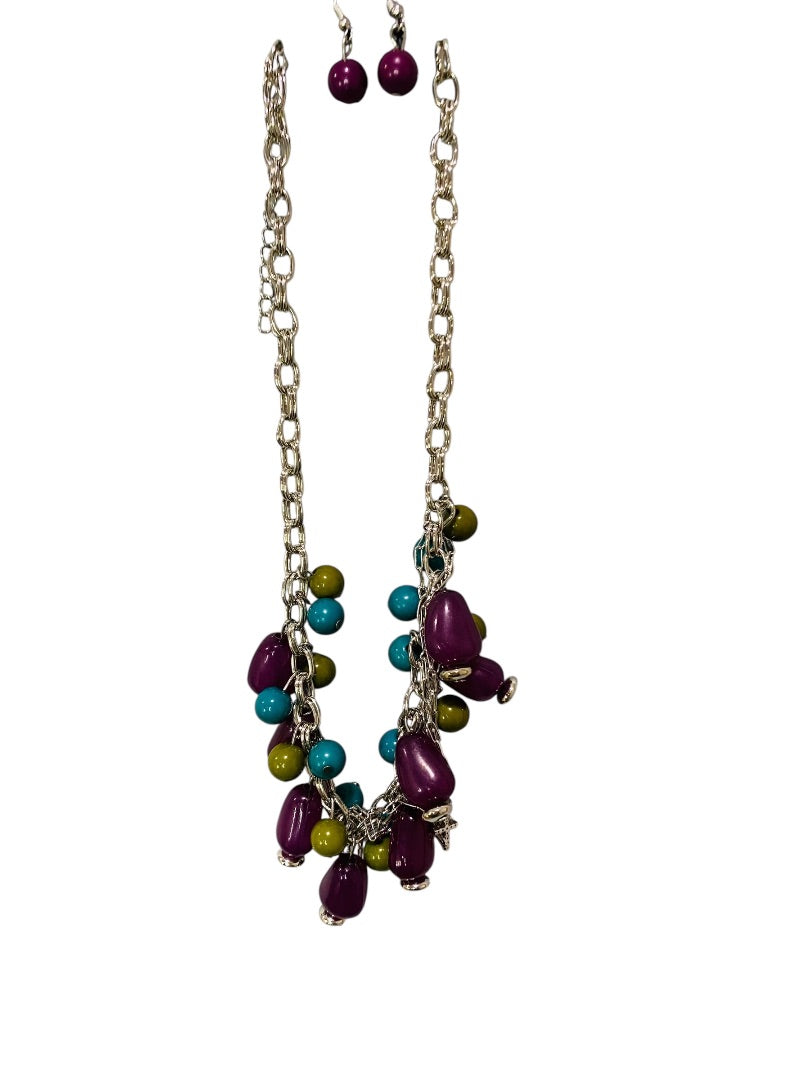 Paparazzi New Silvertone Necklace and Earring Set Purple Teal Chunky 28"