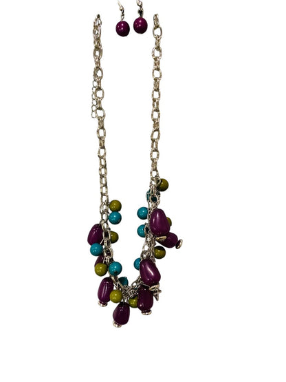 Paparazzi New Silvertone Necklace and Earring Set Purple Teal Chunky 28"