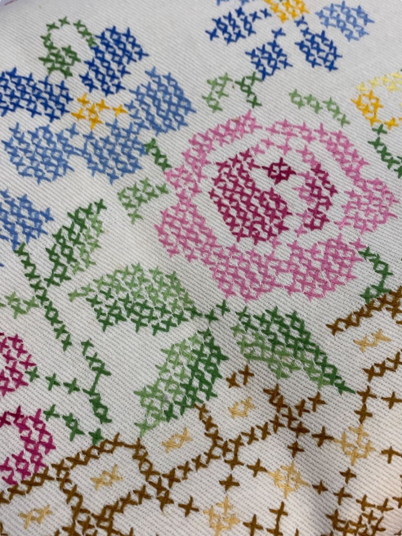 Vintage Cross Stitch Table Runner Floral Staining 17" x 42"