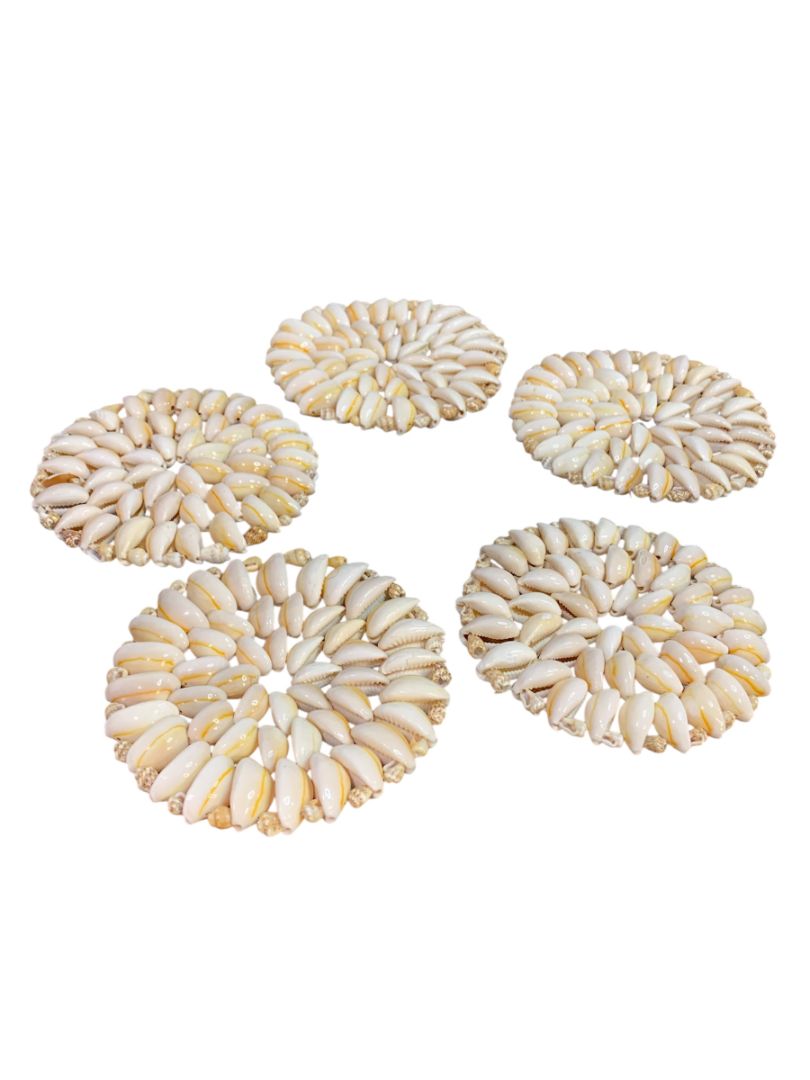 Set of 5 Seashell Coaster Trivets Cowrie Shell 4.25" Beach Home