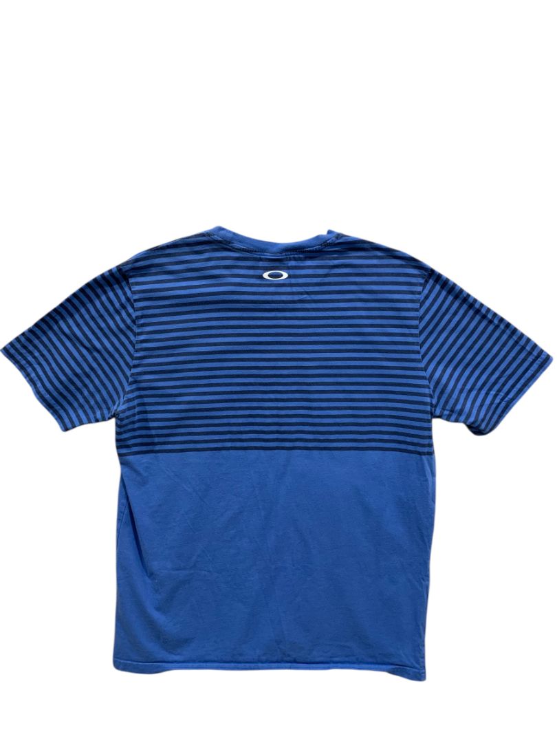 Large Oakley Tshirt Mens Blue Stripes Logo Custom Fit Short Sleeve