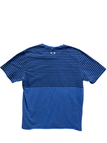 Large Oakley Tshirt Mens Blue Stripes Logo Custom Fit Short Sleeve