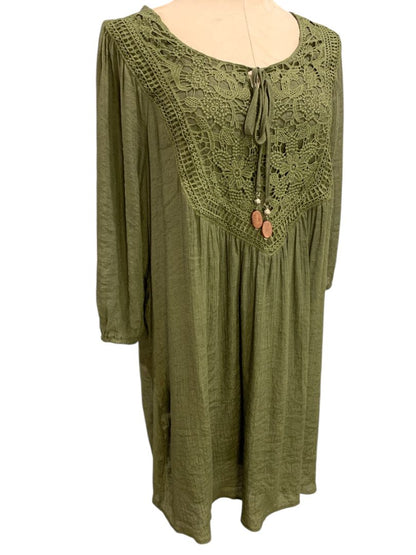 XL Indigo Rose Womens Boho Shift Dress Olive Green