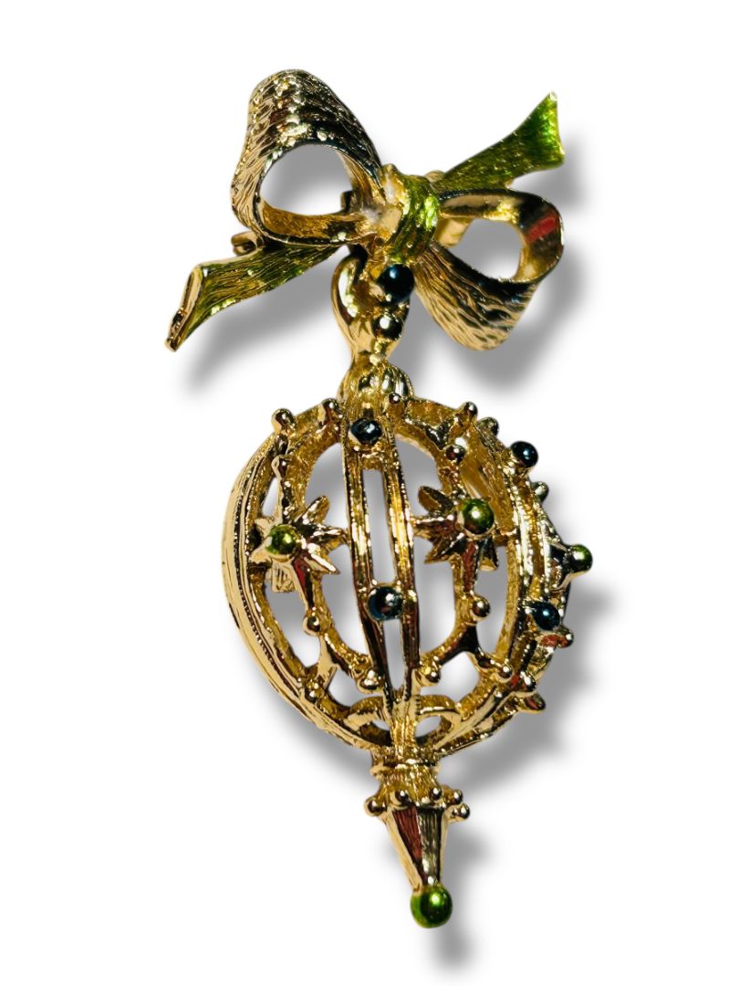 Vintage Goldtone Ornament Ball Brooch Pin 2.25" Green Blue
