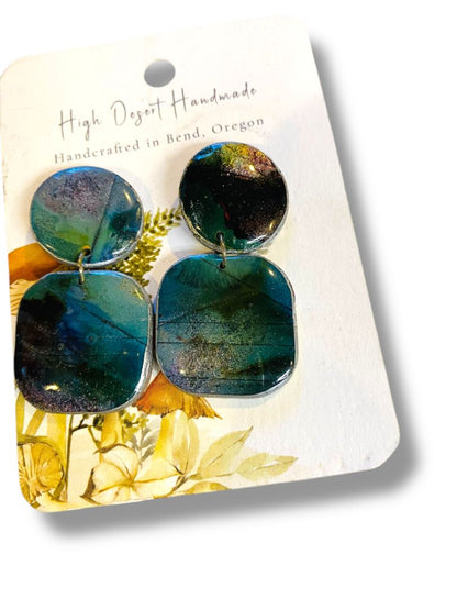 Handmade Resin Earrings High Desert Green Blue Post Pierced 1.75" Drop New