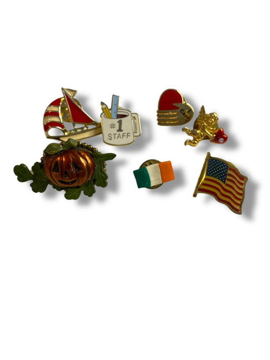 Lot of 7 Lapel Pins USA Ireland Sailboat Fall Cupid Staff Care