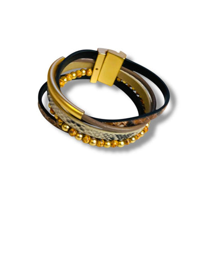 Magnetic Closure Cuff Multi Leather Beaded Bracelet 7.5"