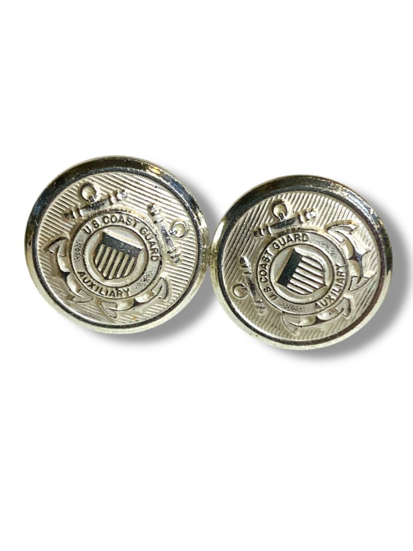 Set of 2 US Coast Guard Auxillary Silvertone Screwback Cap Button Pin Vintage .5"