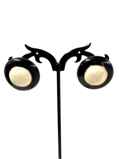 1980s Round Enameled Ivory and Black 1" Diameter Pierced Earrings