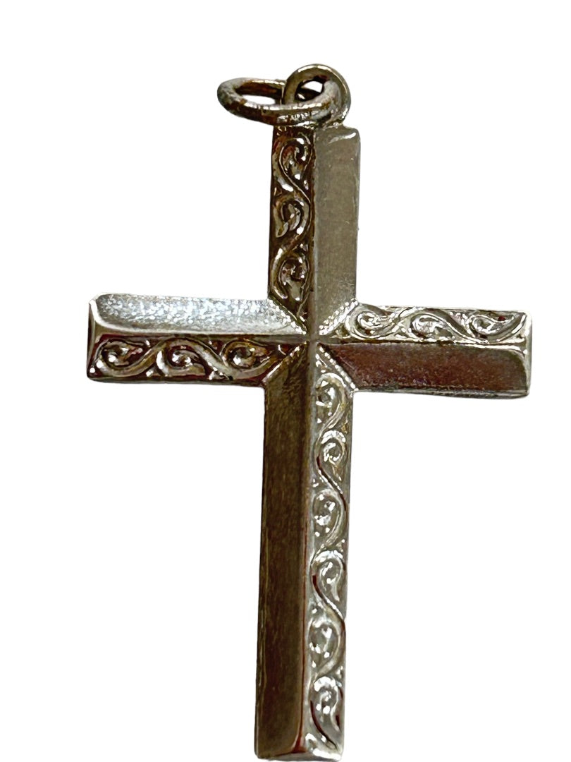 Set of 2 Silvertone Cross Necklace Pendant Charms Textured Ornate Design