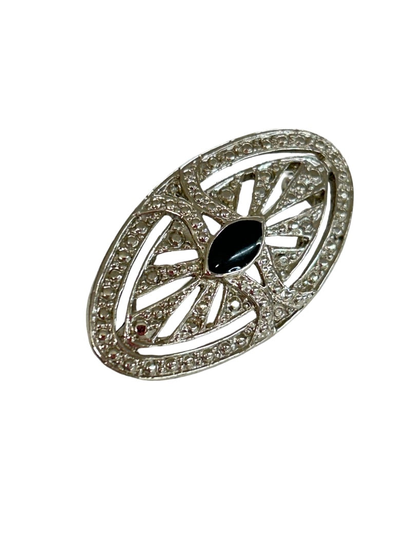 Vintage Silvertone Oval Brooch 1.75" Textured Black Jewel