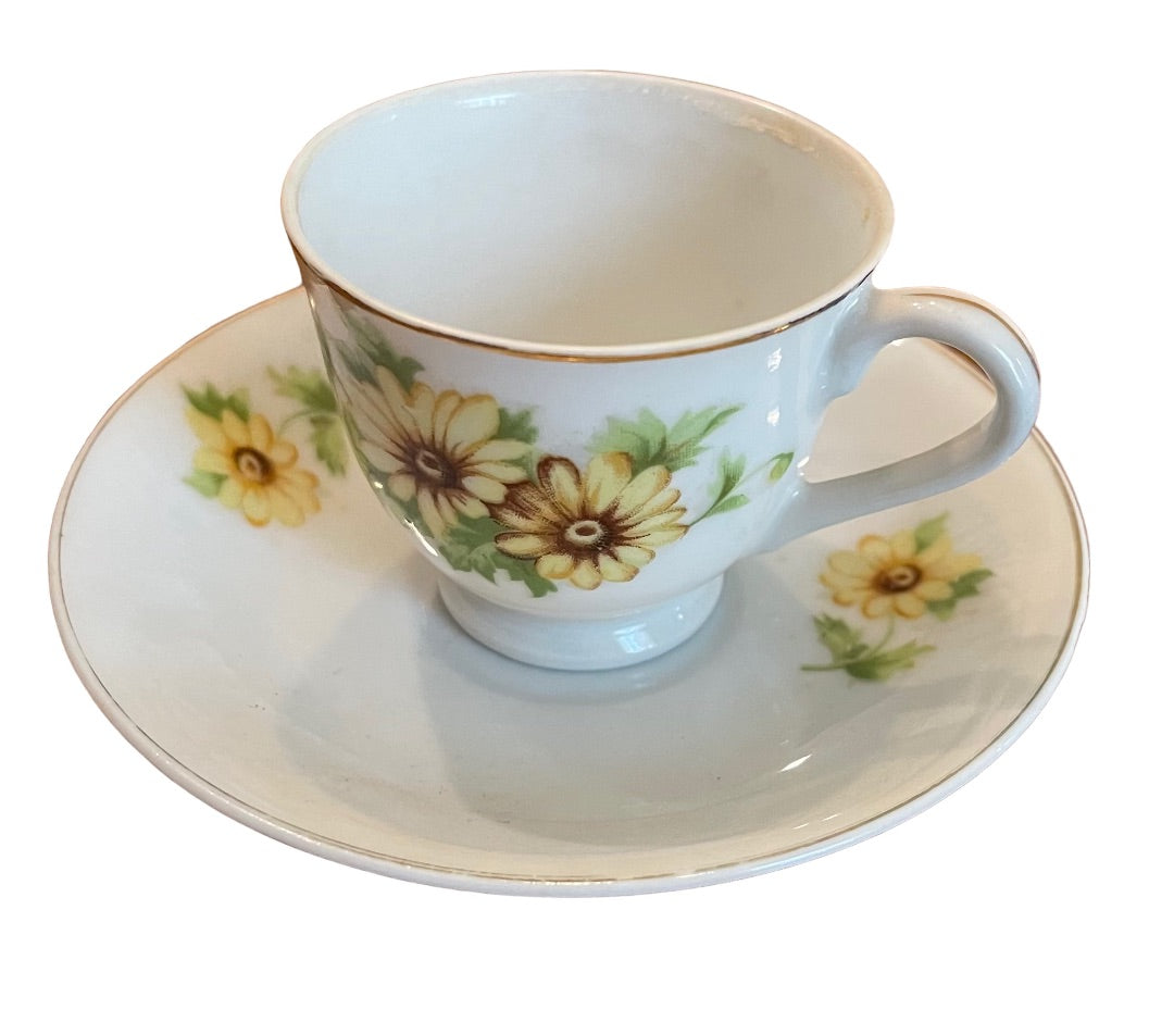 Vintage Japan Porcelain Yellow Daisy Petite Cup and Saucer Set