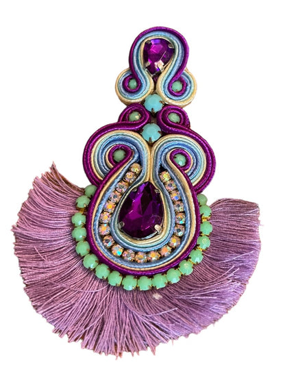 Soutache Post Earrings Purple Teardrops Fringe 4" Drop Dangle Post Pierced