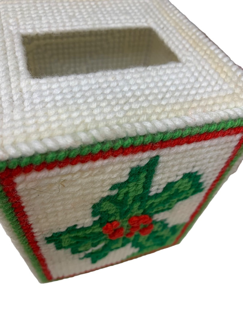 Vintage Cross Stitch Holly Berry Christmas Tissue Box Cover 5.5. x 4.5 x 4.5