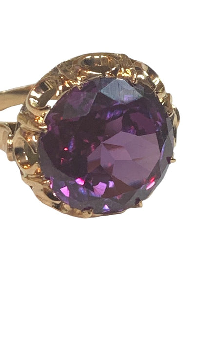 14k Yellow Gold Lab Created Round Amethyst Solitaire Ring Size 7.5