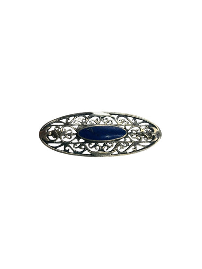 Signed Boma Sterling Silver Lapis Lazuli Fiigree Brooch Pin  Vintage 1.75"