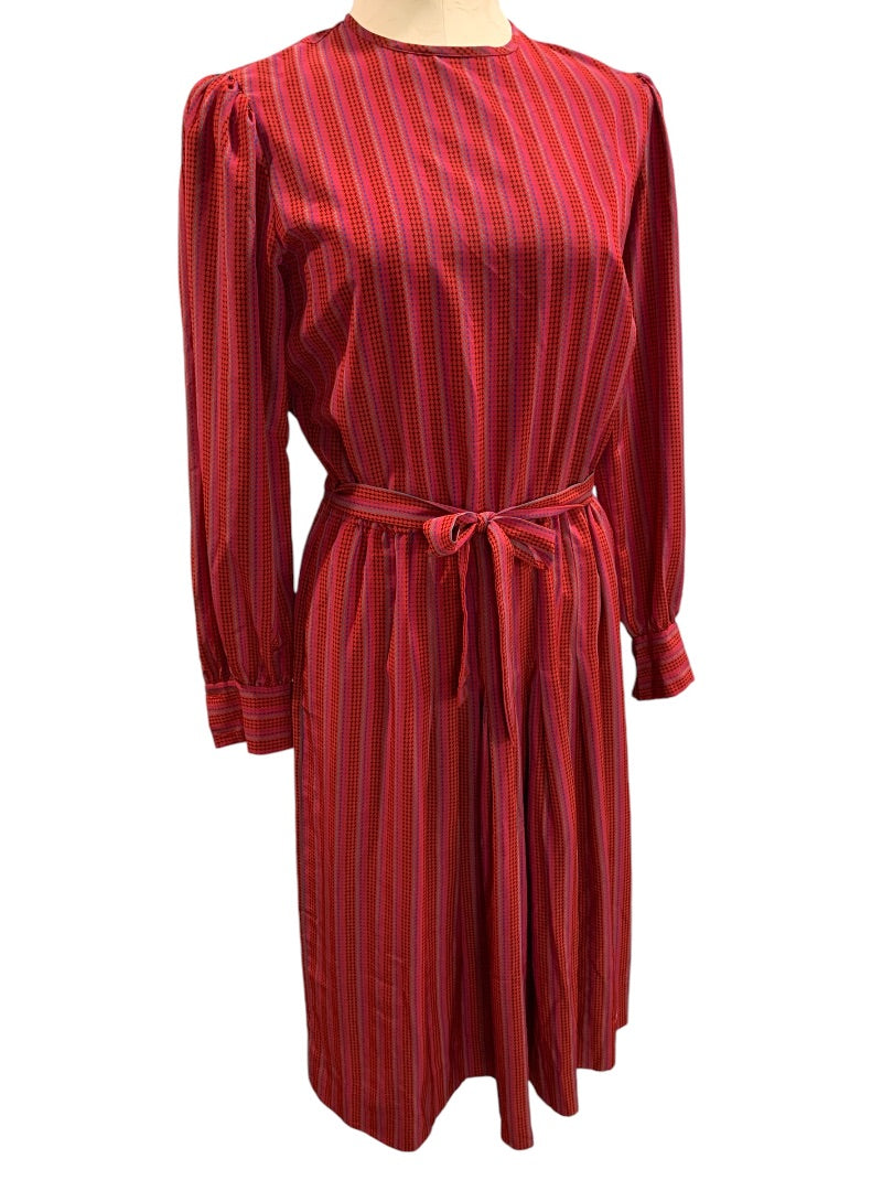 Medium Vintage 1970s Red Micro Print Midi Dress Belted Pleated Pockets