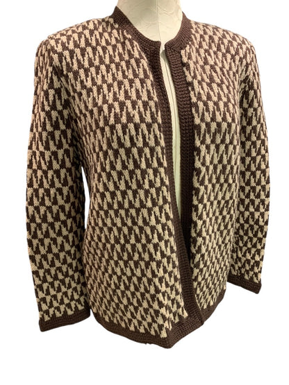 Large Womens 1980s Vintage Open Cardigan Sweater Houndstooth Brown