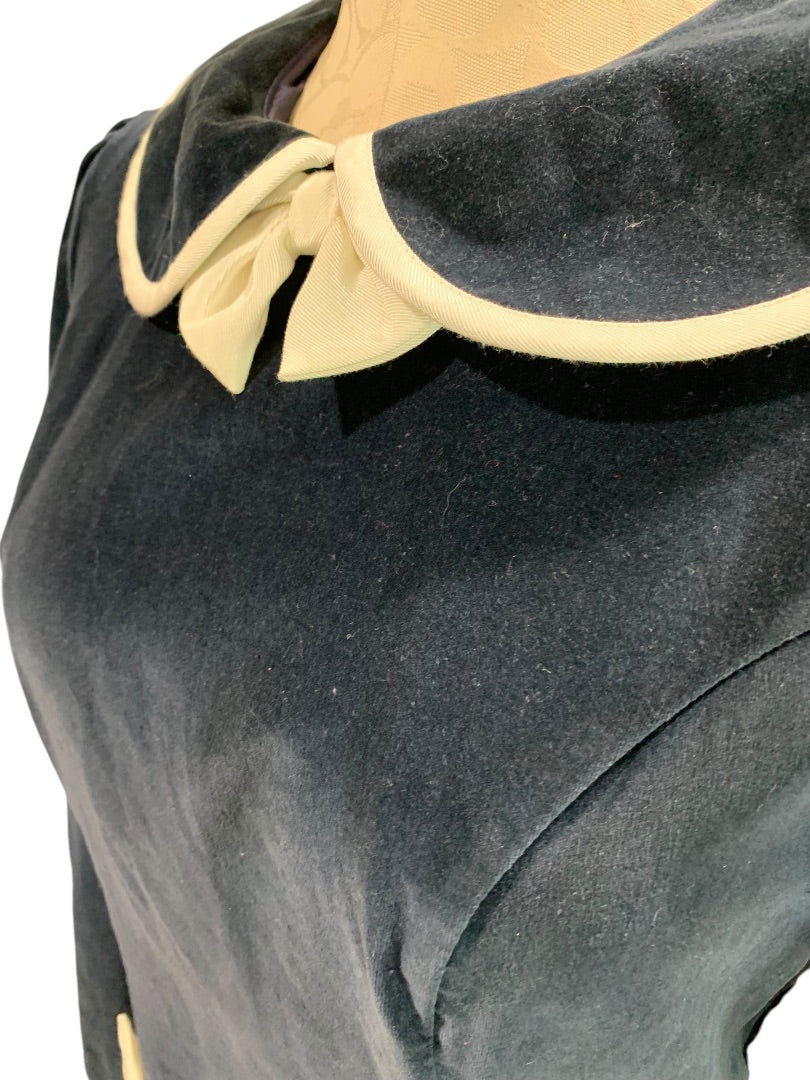 Medium Vintage 1960s Velvet Dress Navy Blue Ivory Box Trim