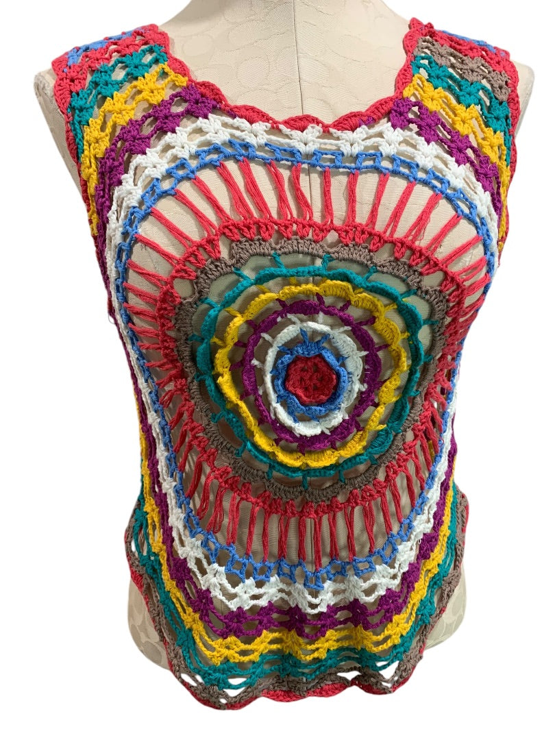 Small Mak B Womens Rainbow Cotton Crochet Tank Shirt Top Open