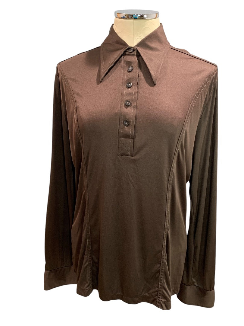 Large Tarmi Vintage 1970s Brown Polyester Womens Shirt Pullover Point Collar