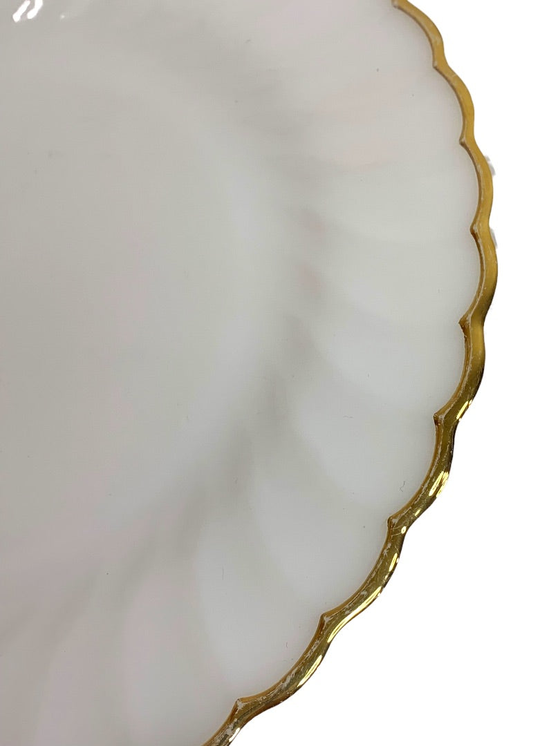 Vintage Anchor Hocking White Swirl Dinner Plate Gold Trim 10 Inch