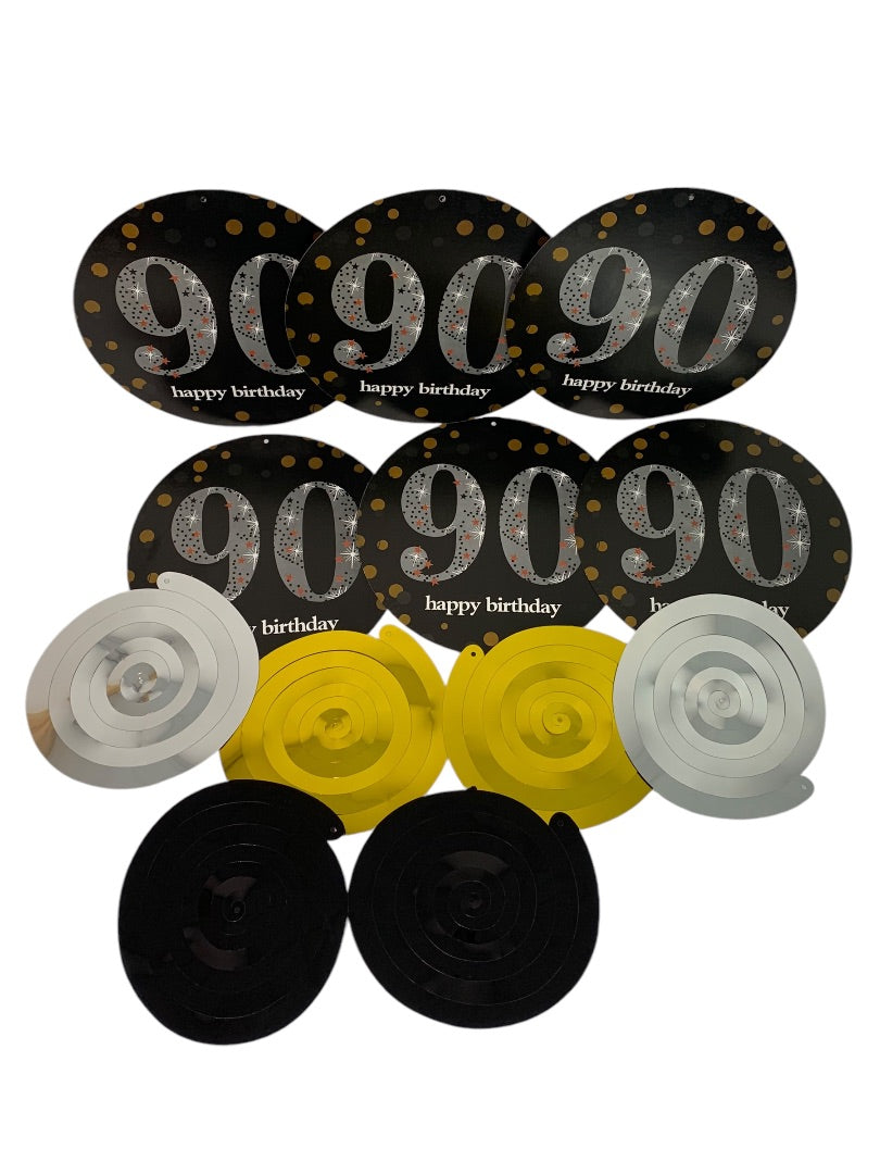 Pack of 6 Haning Paper Metallic 90th Birthday Decorations Black Gold New