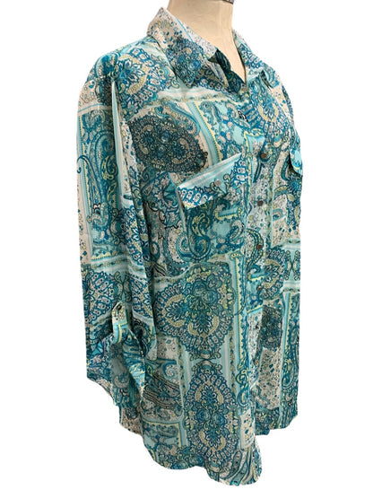 2X Rebecca Malone Plus Size Sheer Button Up Shirt Paisley Blue Silver