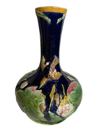 Antique Majolica Hummingbird Vase 8.5 Inch Cobalt Chips