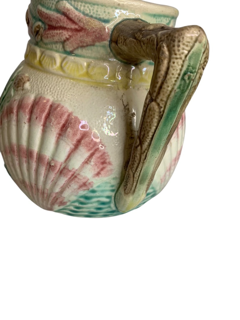 Antique 1880s Majolica Seashell Shell Seaweed Pitcher Pastel 6.5 Inch