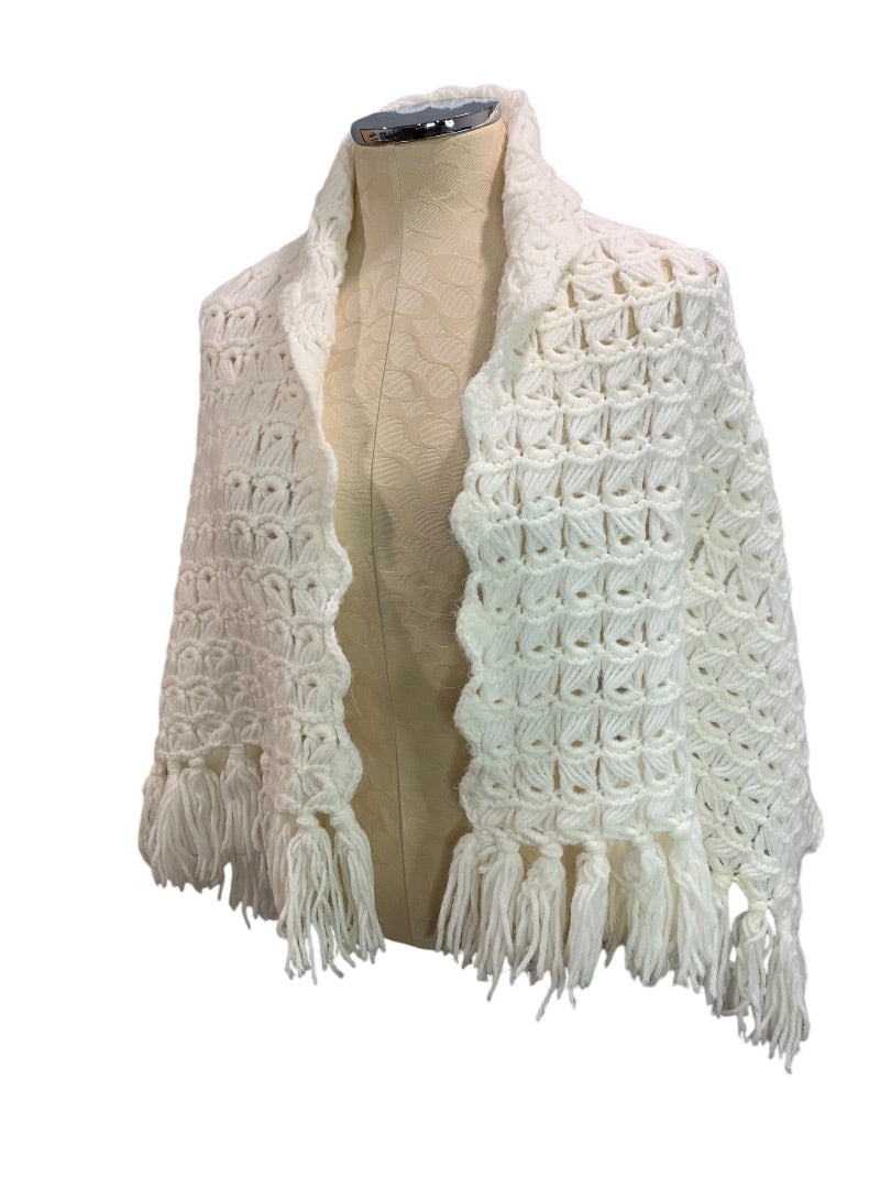 Vintage Crochet Shawl Tassels 18 x 50 Inches White