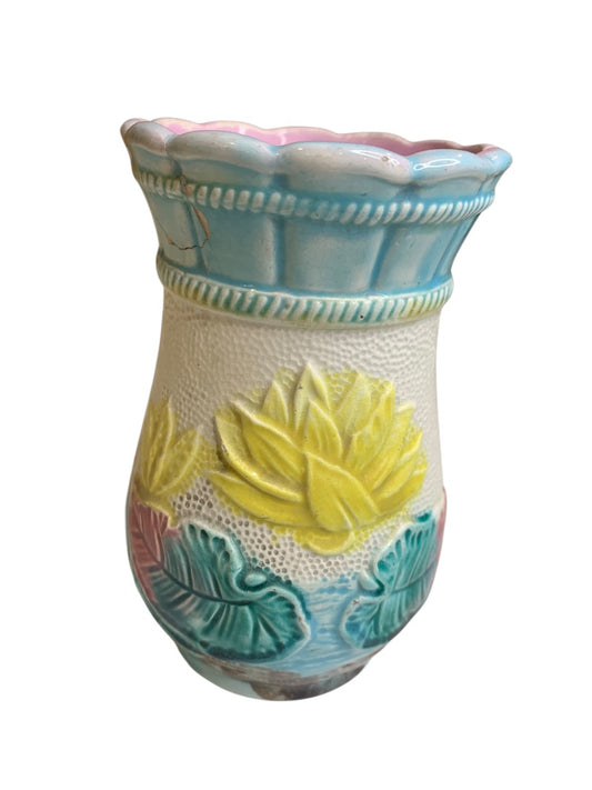 Antique Majolica Water Lily Pond Vase 5.5 Inch High Repaired Vivid