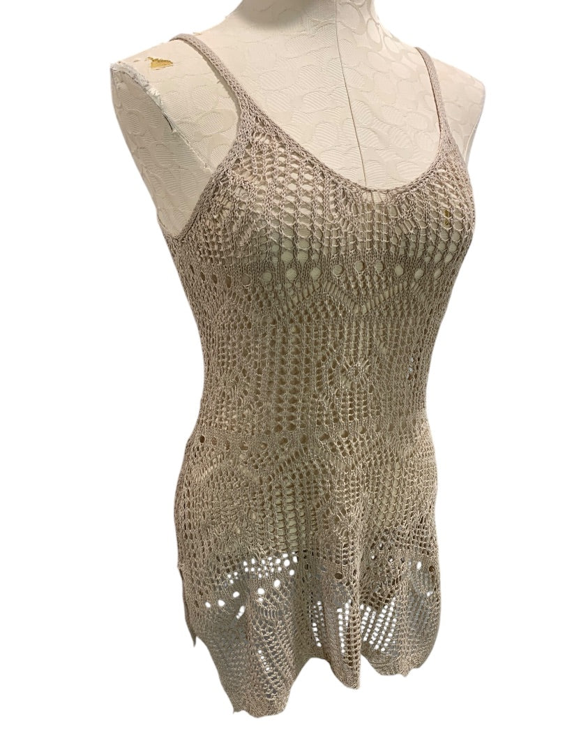 Small Womens Tan Crochet Open Weave Tank Sleeveless Shirt Boho Style