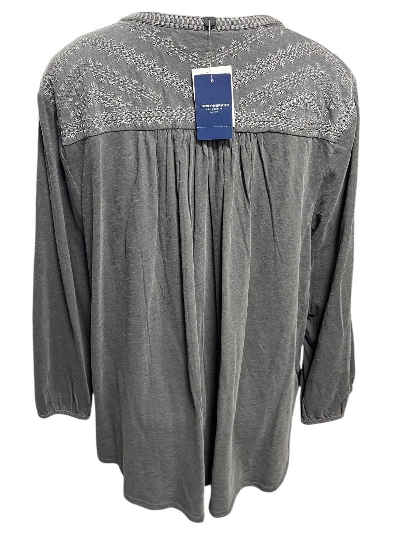 3X Lucky Brand 3/4 Sleeve Embroidered Womens Top Gray NWT