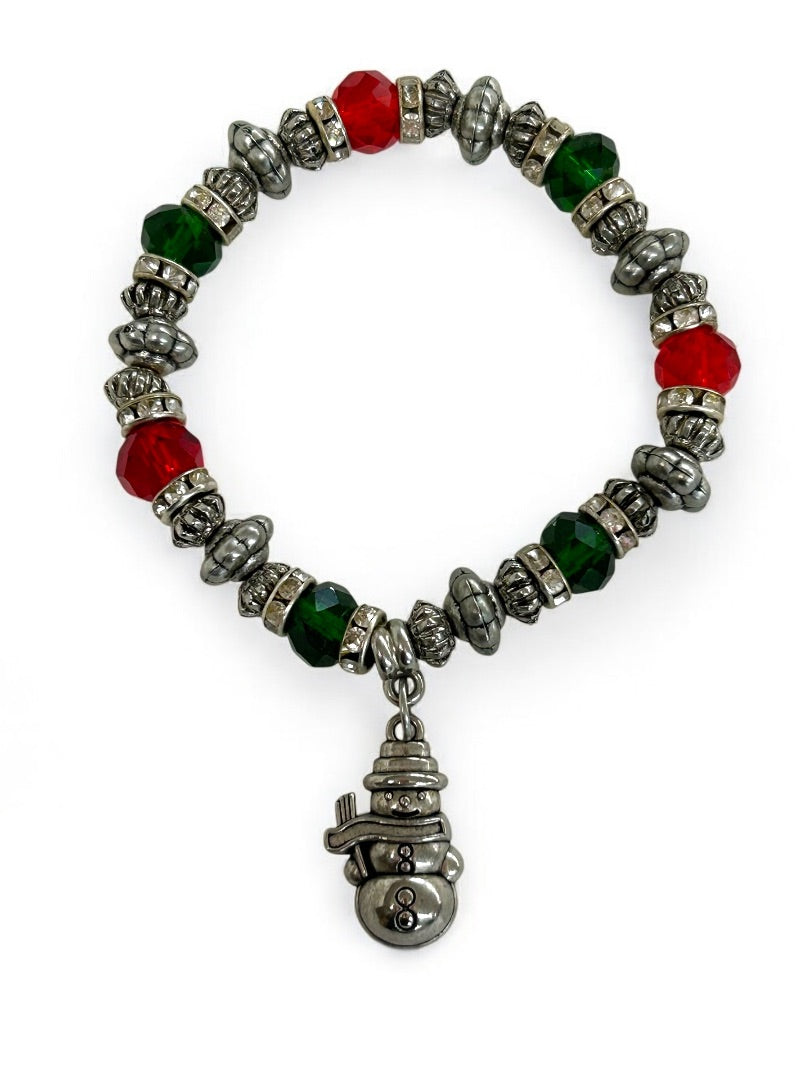 Stretch Silvertone Bracelet Snowman Charm Red Green Holiday