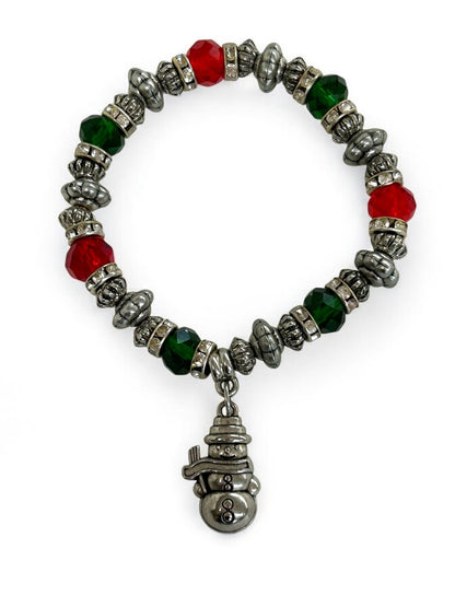 Stretch Silvertone Bracelet Snowman Charm Red Green Holiday