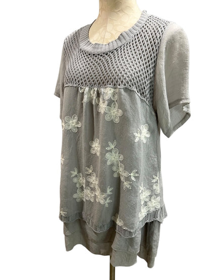 XL Simply Couture Womens Gray Peasant Style Pullover Shirt Flowy Embroidered