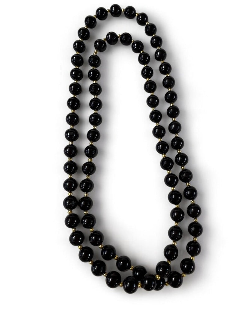 Vintage Black Goldtone Acrylic Necklace Beaded 34 Inch Overhead No Clasp