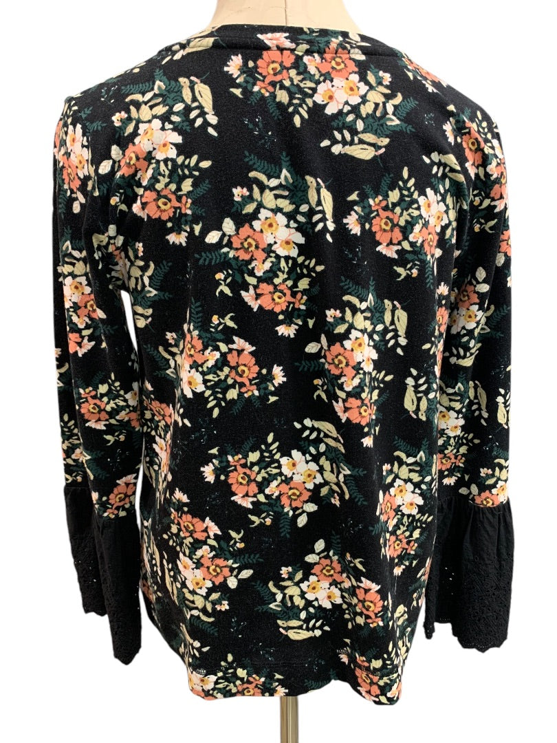 Medium Bobeau Womens Pullover Floral Shirt Eyelet Trim Sleeves