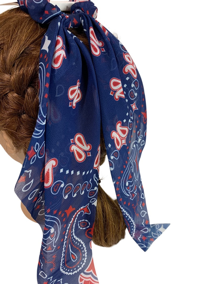 Claires New Hair Elastics Sheer Fabric Cover Train Tail Paisley Navy Blue