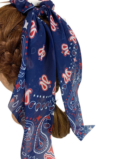Claires New Hair Elastics Sheer Fabric Cover Train Tail Paisley Navy Blue
