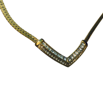 Vintage Signed Trifari Herringbone Necklace Goldtone V Shape Rhinestones 17 Inch Spring Clasp