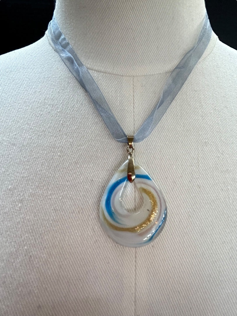 Ribbon and Glass Pendant Necklace Blue 18-20 Inch Lobster Clasp